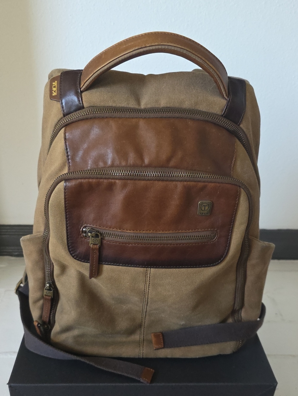 Tumi Tan Canvas and Brown Leather Backpack